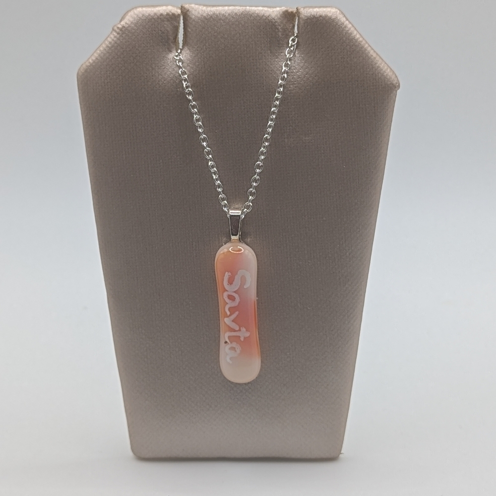 Silver plated necklace, orange pendant,'Savta' inscription. 18" Chain. Handmade